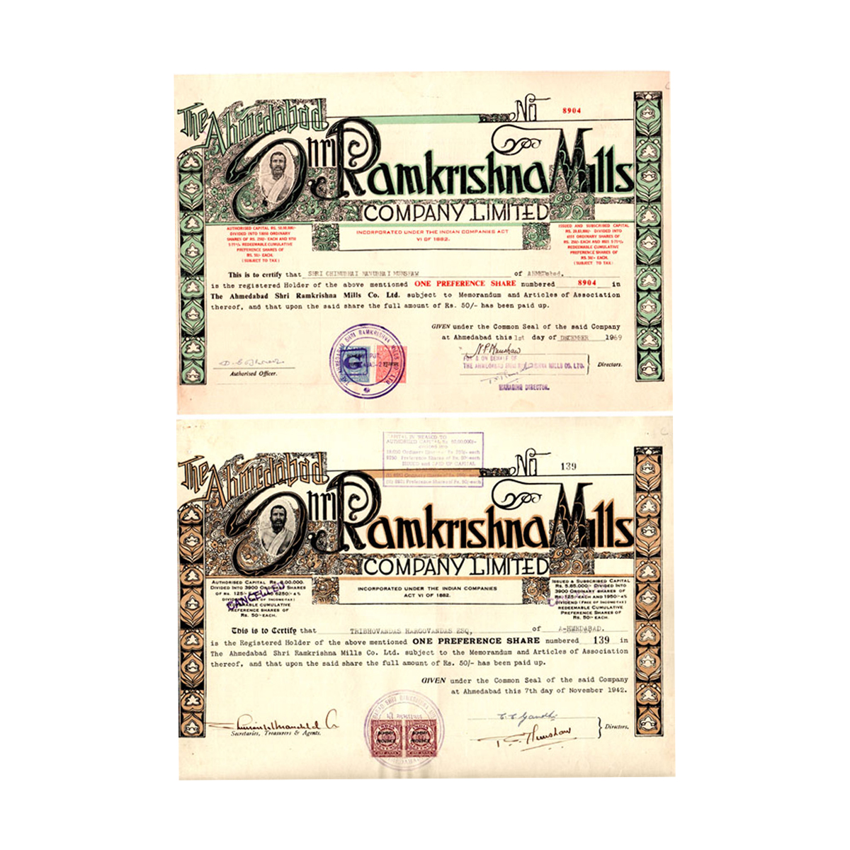 Paper, Shri Ramakrishna Mills Co. Ltd. Share Certificates of 1 Preference Share of Rupees 