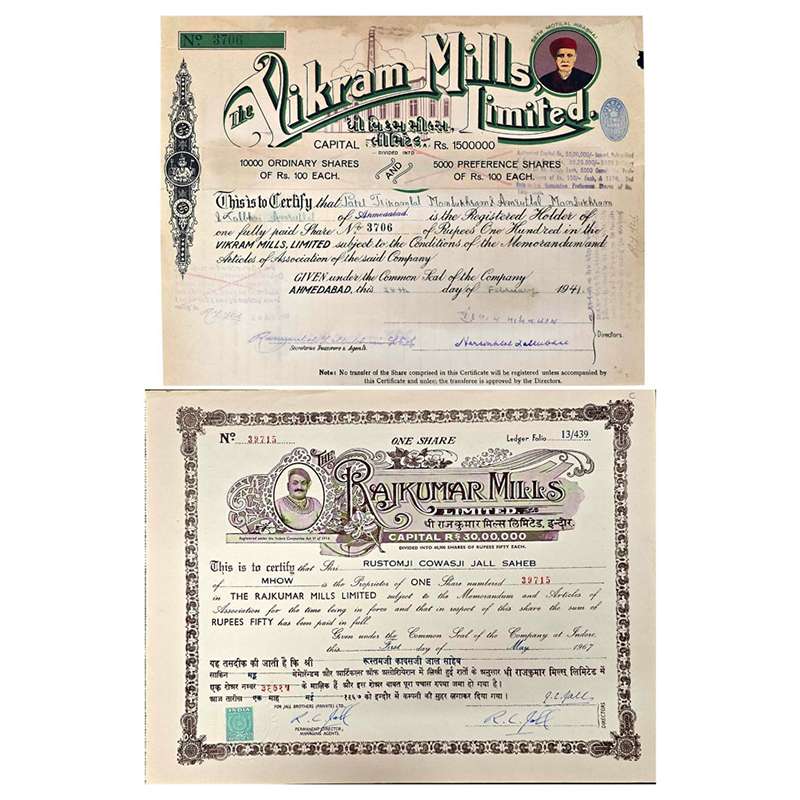 Paper, Vikram Mills Ltd., Share Certificate of 1 Share of Rupees 100, dated 28 February 19