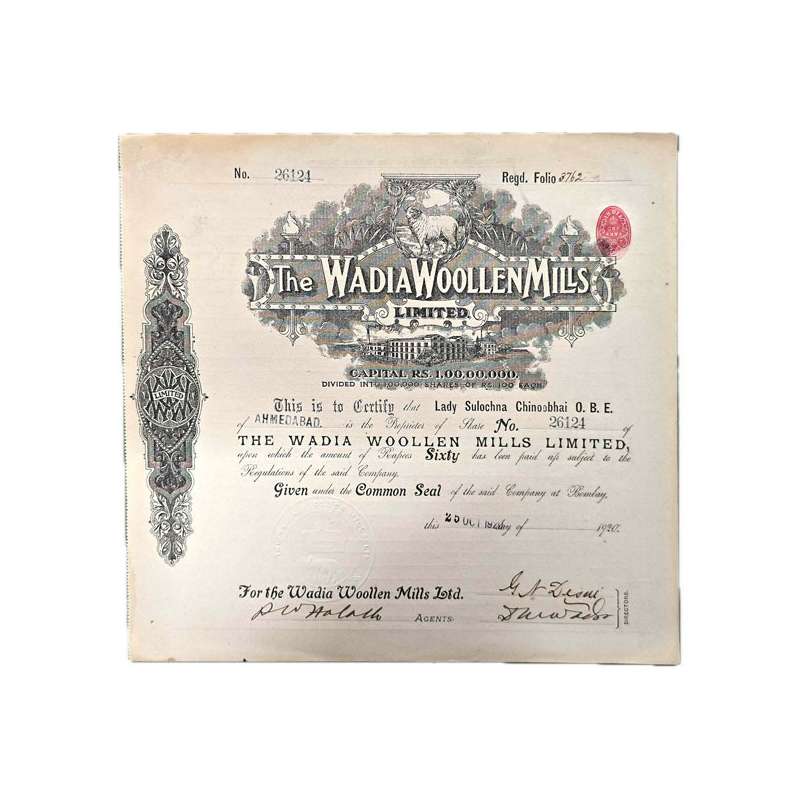 Paper, Wadia Woolen Mills Ltd., Share Certificate of 1 Share of Rupees 60, dated 25 Octobe
