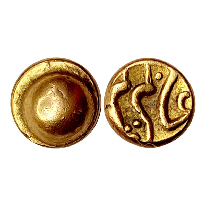 Aurangzeb, Fanam, Gold, 0.35 g, with Persian legend reading Alamgir in one line obverse, a