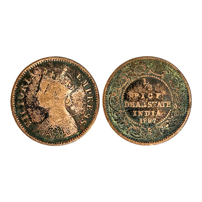 Dhar, ½ Pice, Copper, 3.00 g, with the name and portrait of Victoria Empress, 1887. Very F