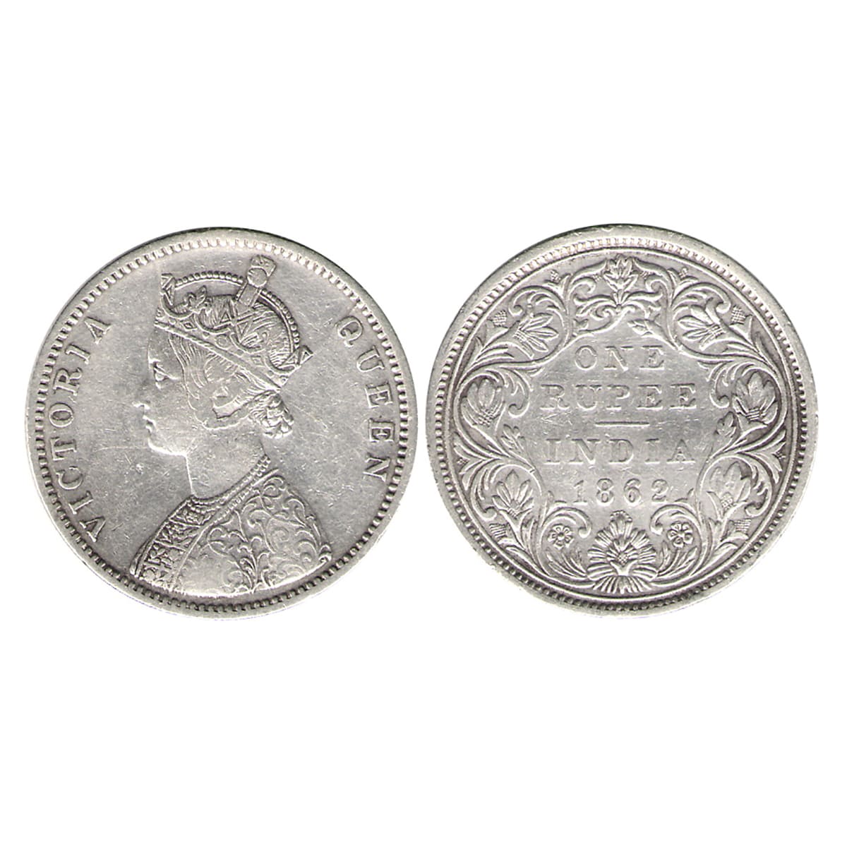 Victoria Queen, 1 Rupee, Silver, Bombay Mint, 1862, A/II/0/7, with Crescent, Pridmore# 87,