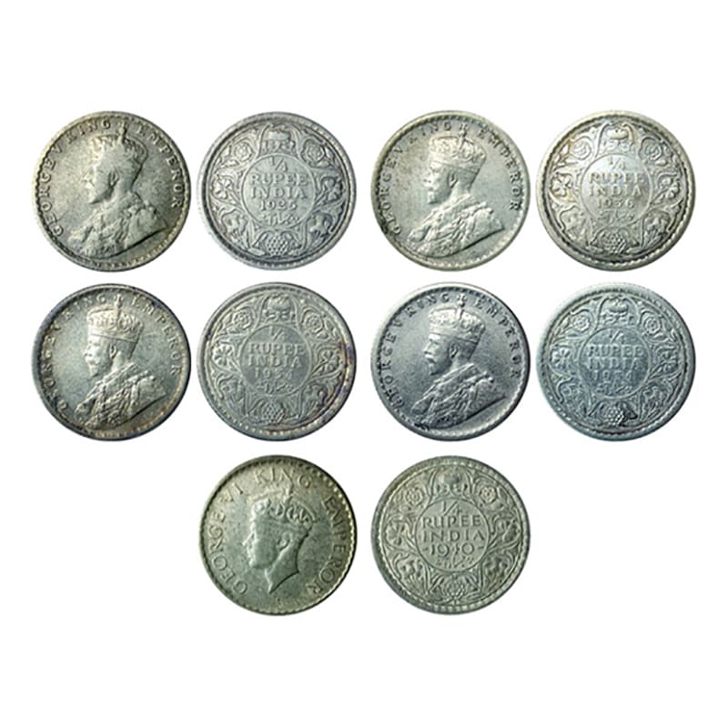 ¼ Rupee (5), Silver, George V, 1925, Bombay Mint (GK# 1093); 1934, Calcutta Mint, 2 coins 