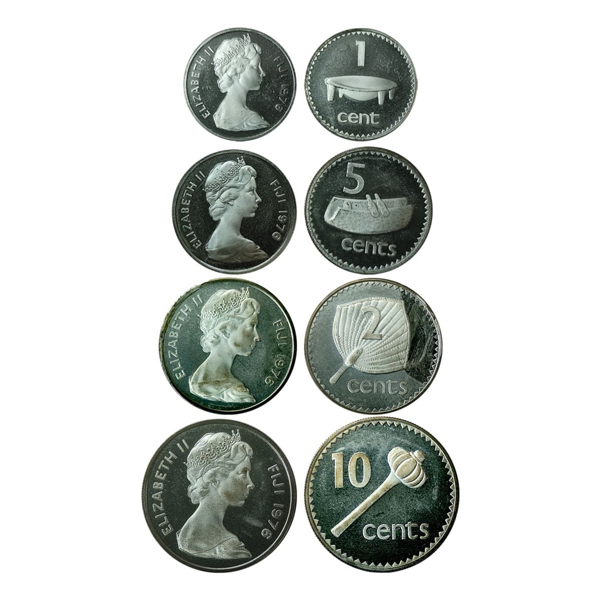 Fiji, Silver (4), Set of 4 denominations, 10 Cents, 5 Cents, 2 Cents and 1 Cent, Elizabeth