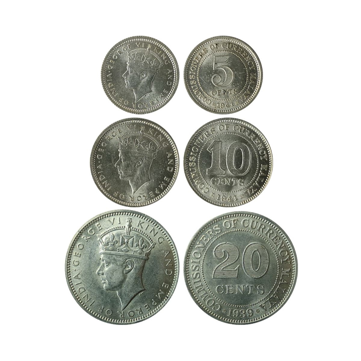 Malaya, Silver (3), Set of 3 denominations. 20 Cents, 10 Cents and 5 Cents. George VI, 193