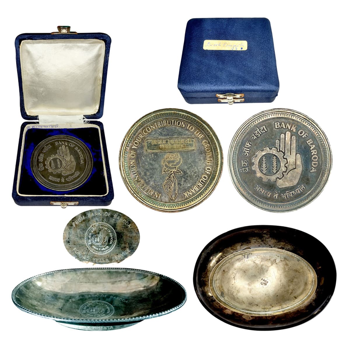 Bank of Baroda Set of Medal and a Bowl, Silver (200 + 203 g), original Silver Medal awarde