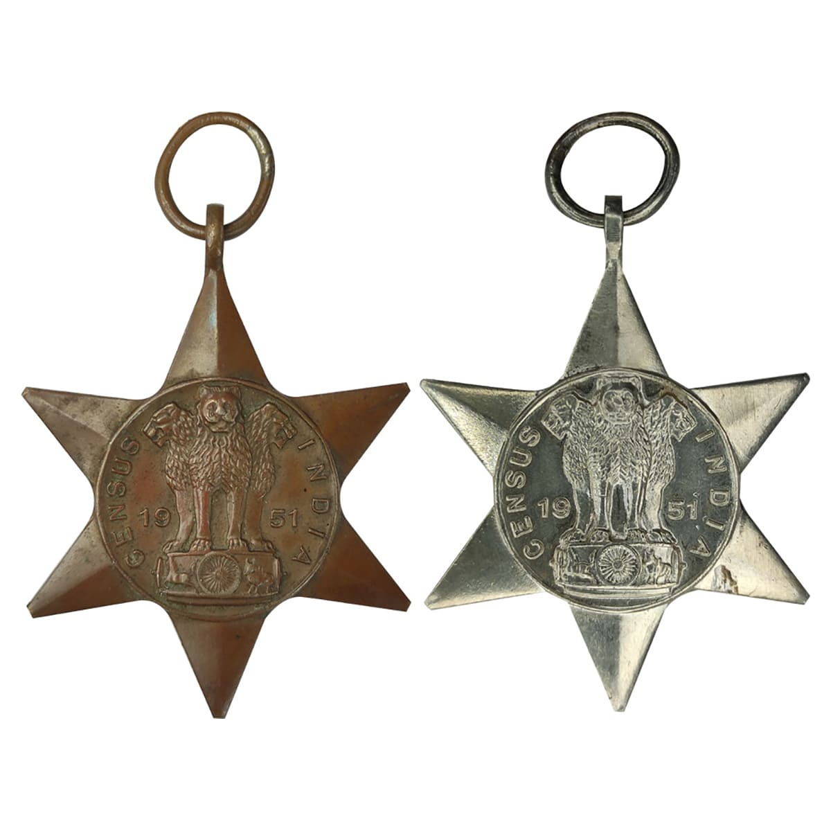 India Census Medal pair, Aluminum and Copper, Lion Capital in the centre of the Star with 