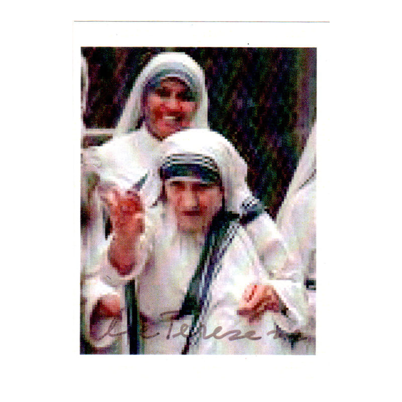 Paper, Autographed Photograph of the Saint Mother Teresa, seating on a chair and waving at