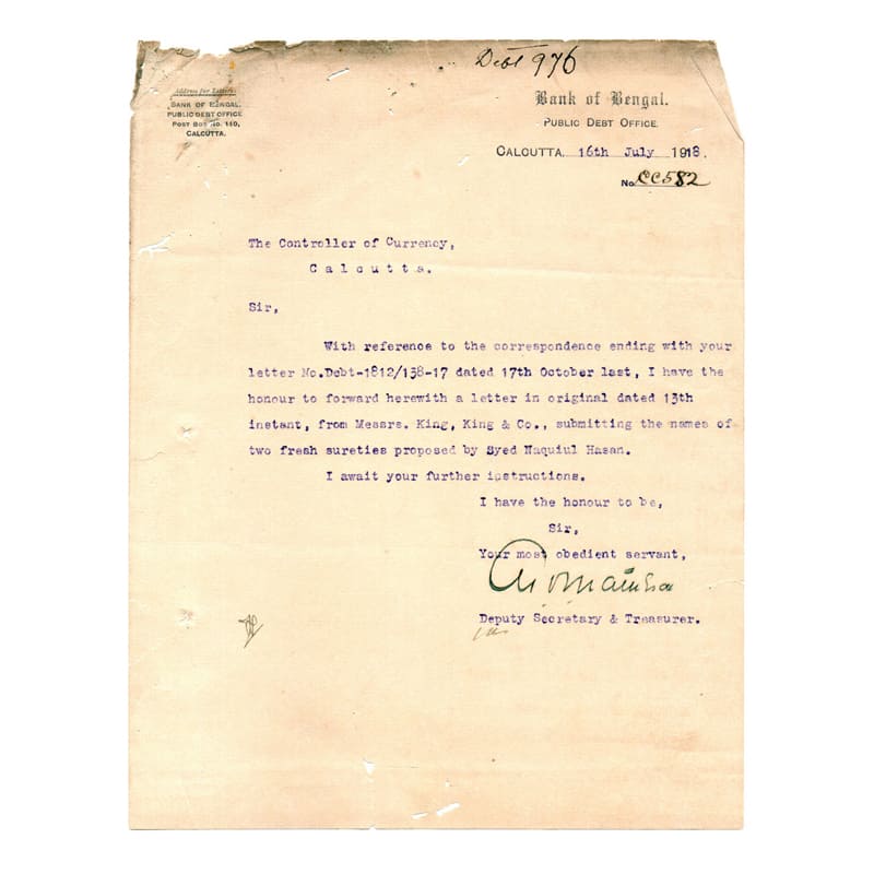 Paper, Letter of Bank of Bengal, dated 16 July 1918, witten by the Deputy Secretary and Tr