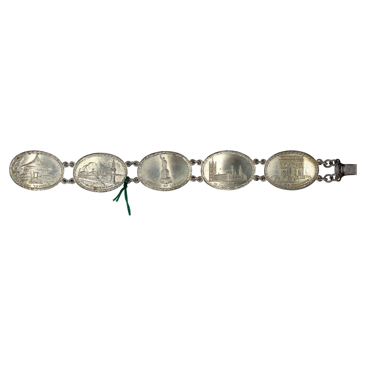 Silver Bracelet with world monuments (mid 20th century), Silver, 33.7 g, five oval pices o