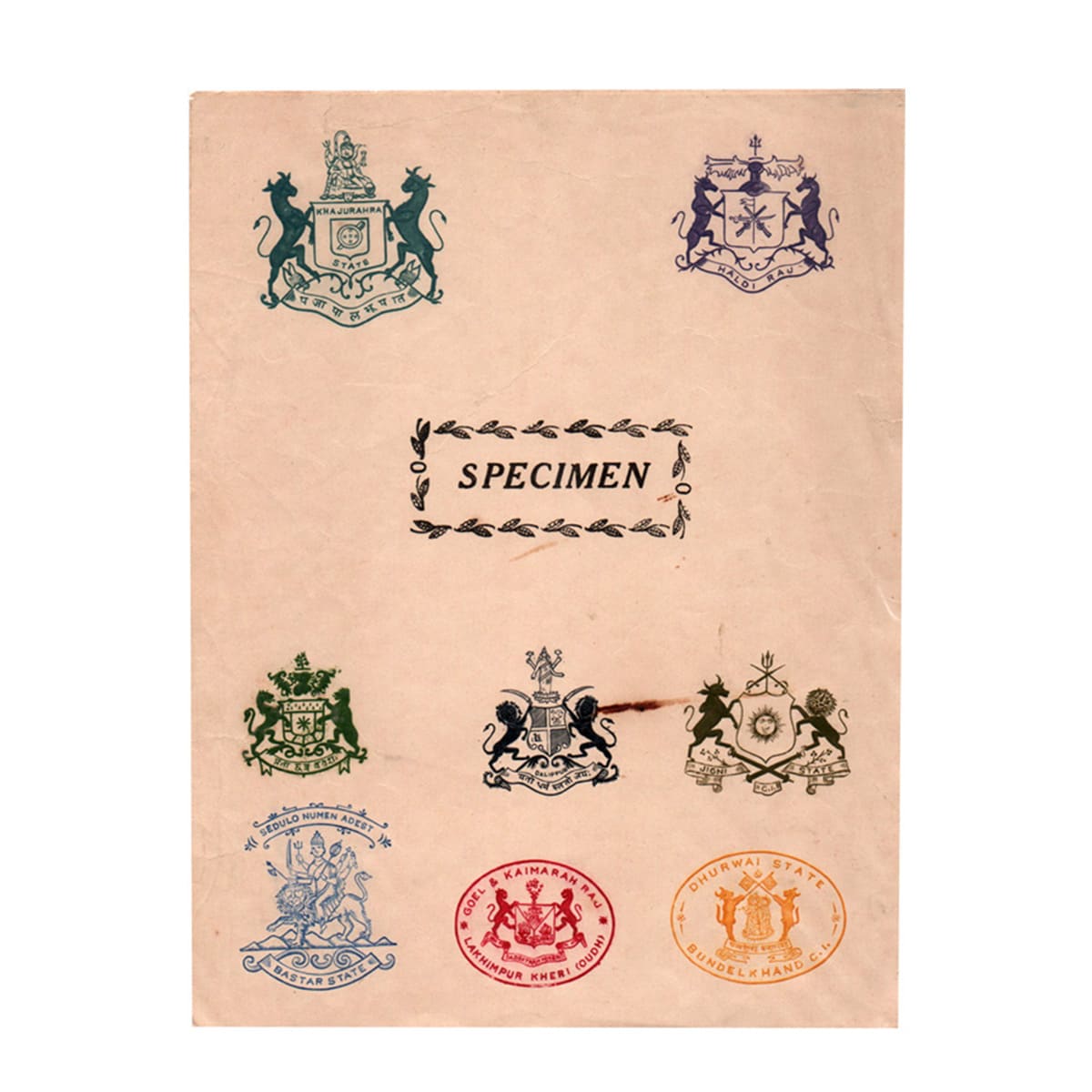 Specimen Sheet of Coat of Arms of Indian Princely States. Paper (14x18 cm) with Coat of Ar