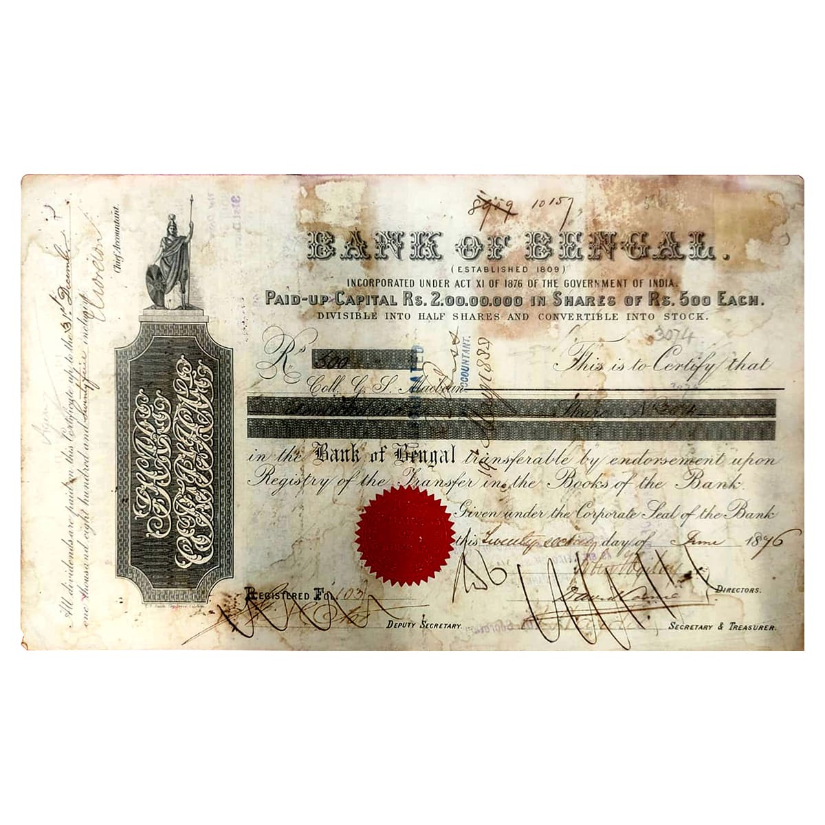 Paper, Bank of Bengal Share Certificate issued in June 1876 at Calcutta to Coll. G.S. Macb