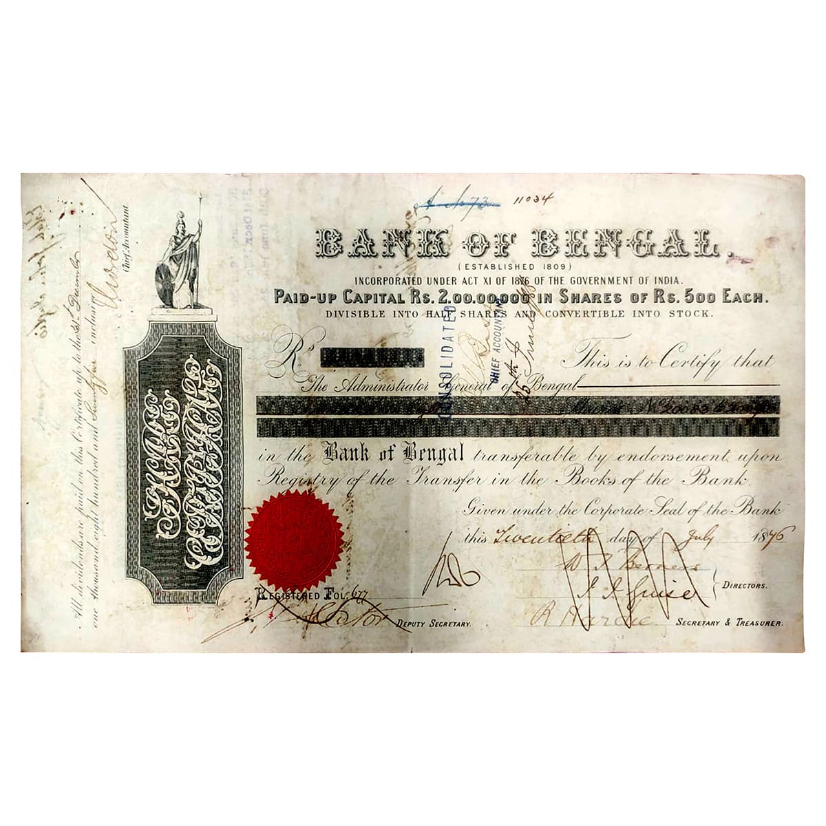 Paper, Bank of Bengal Share Certificate issued on 7th July 1876 at Calcutta. With red Seal
