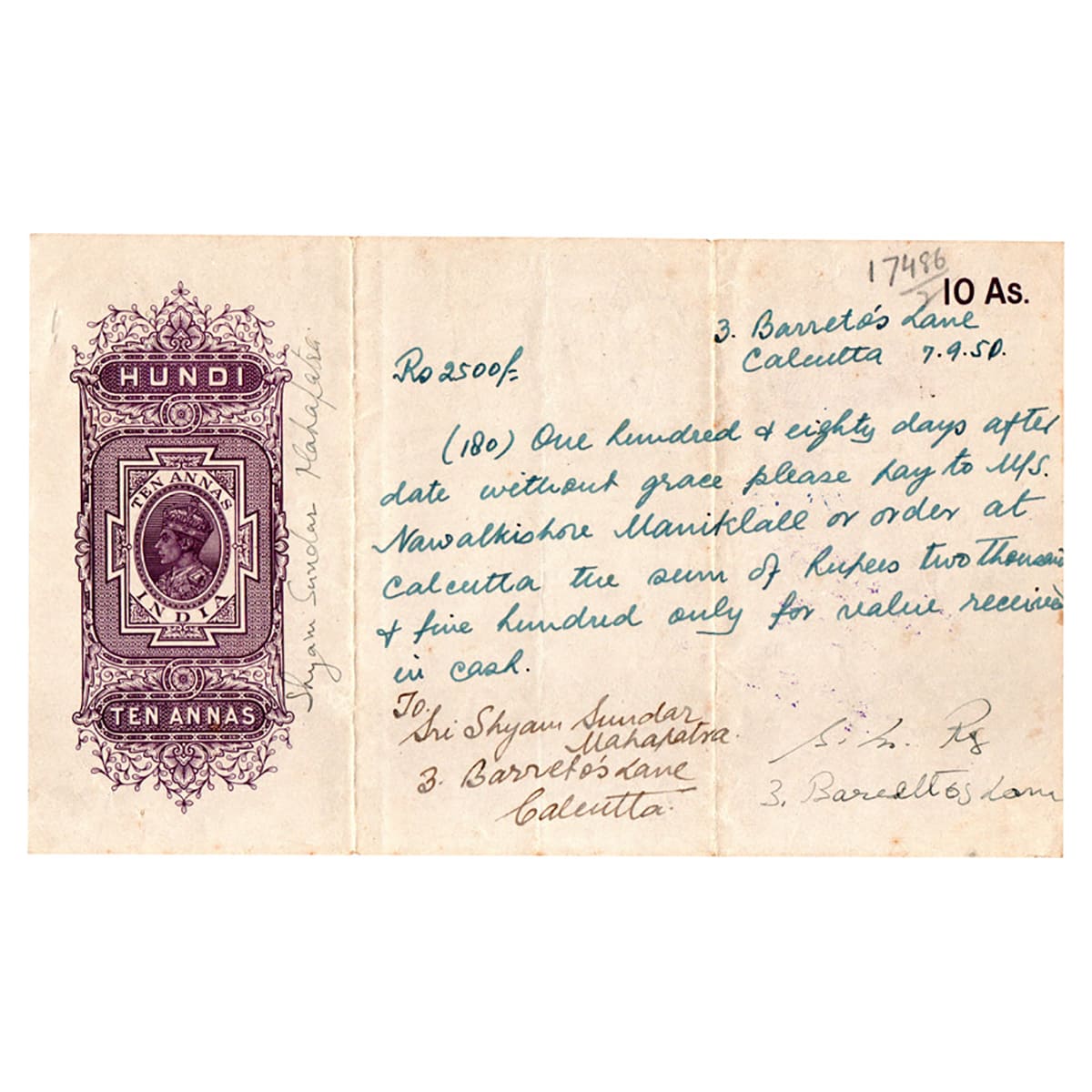 Paper, British Hundi of 10 Annas for the sum of 2,500 rupees; payable to M/s Nawalkishore 