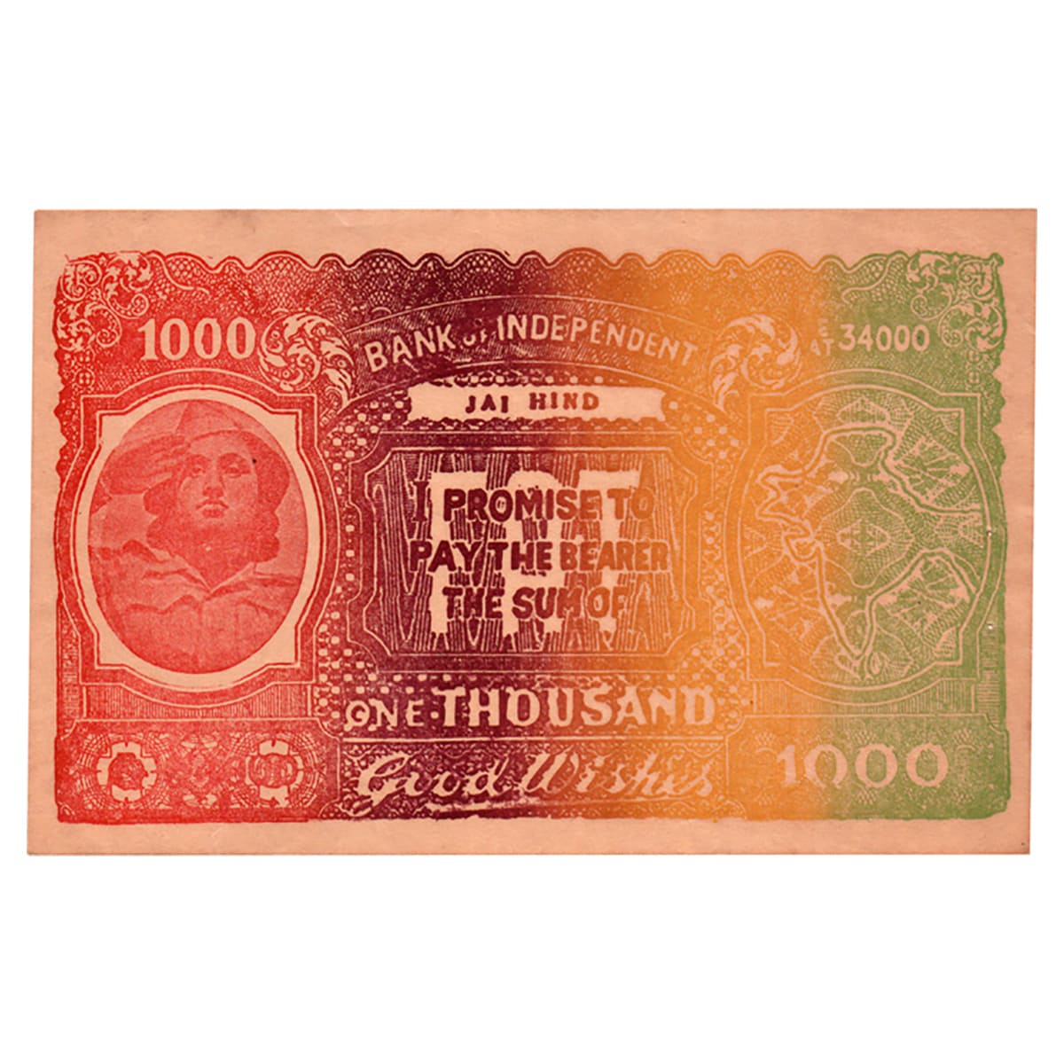 Paper, 1000 Notes of Good Wishes, issued by the Bank of Independence and a portrait of a l