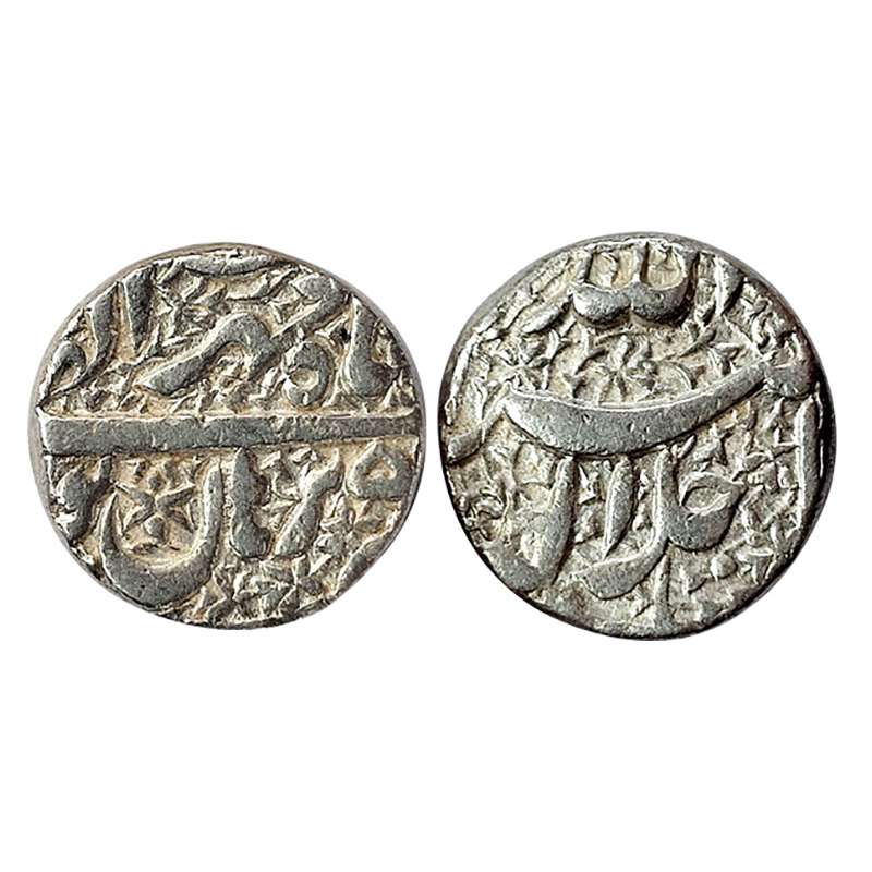 Akbar, Burhanpur Mint, Silver, Allahu Akbar type, Ilahi 50, Mehr Month, with decorated fie