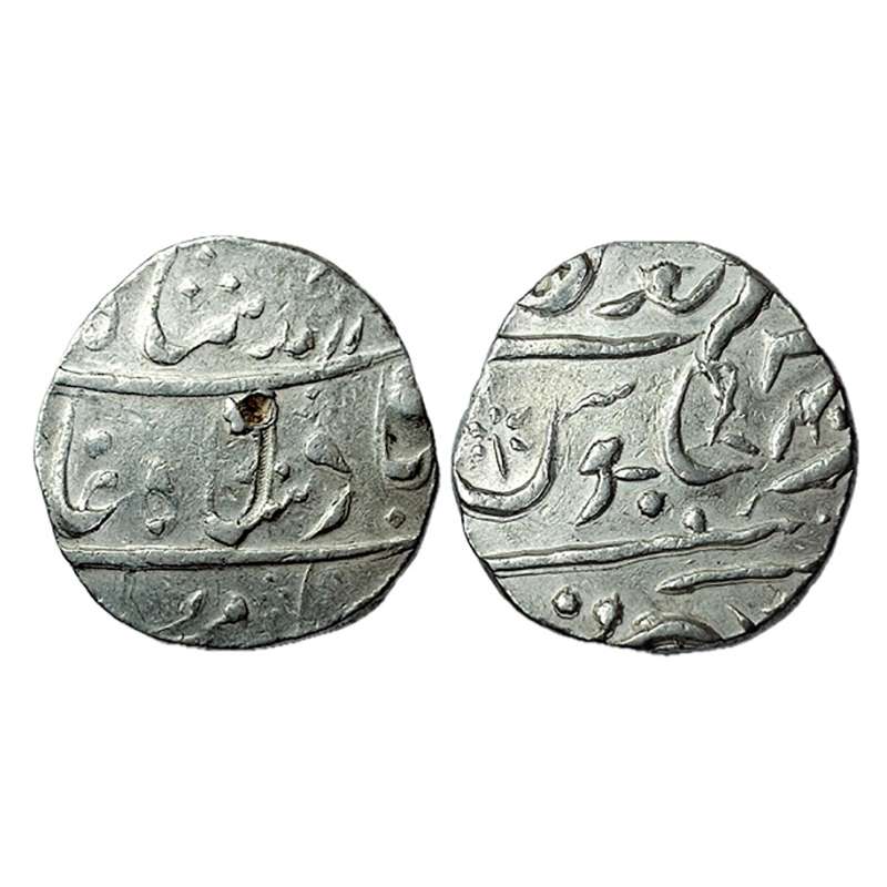 Muhammad Shah, Surat Mint, Silver, Rupee, Sikka Mubarak type, very crude execution of the 