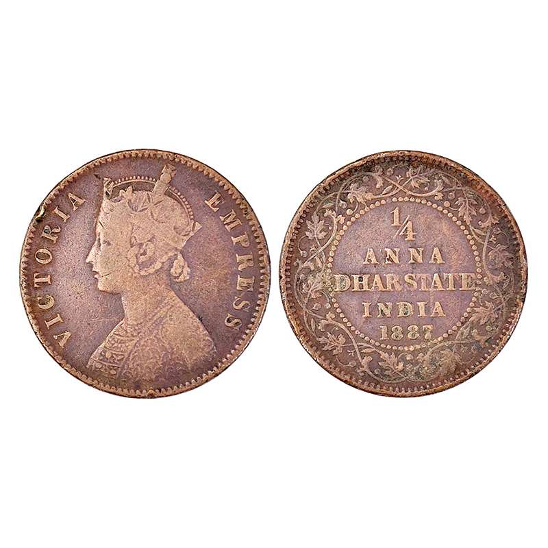 Dhar, Anand Rao III (AD 1860-1898), Copper ¼ Anna, 1887, KM# 13. Obv: Portrait bust of Vic