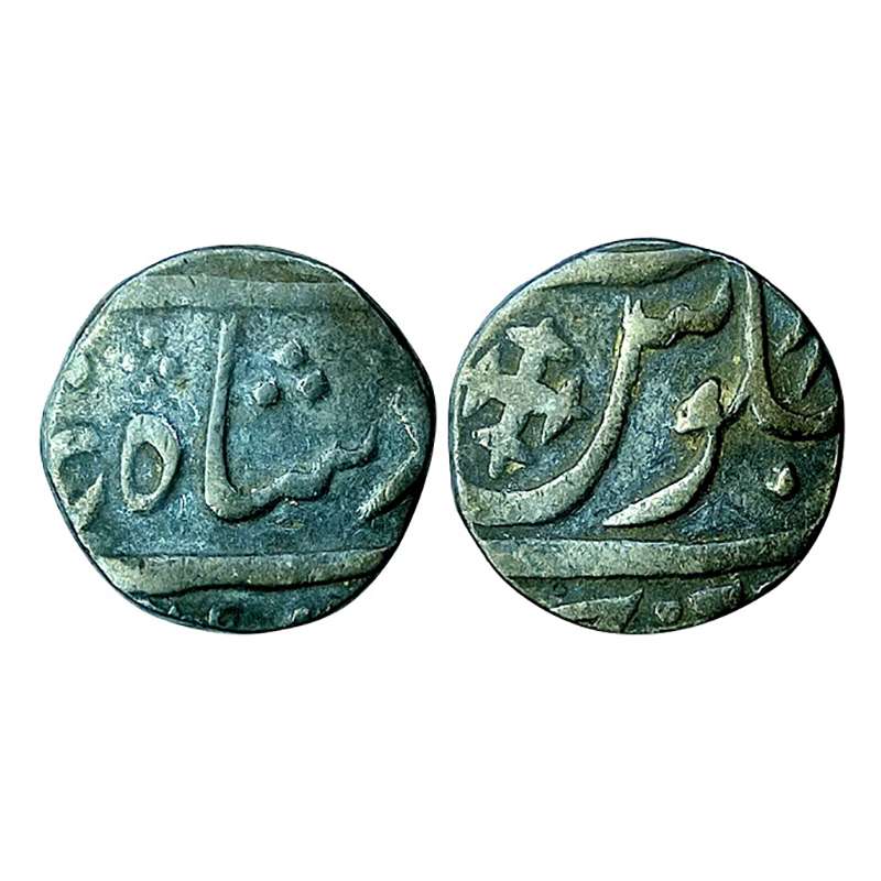 Bharuch Mint, Silver, 11.51 g, Rupee, in the name of Shah Alam II, Cross mint mark on reve