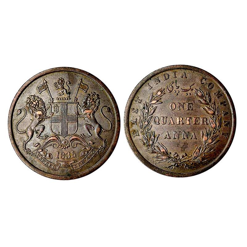 ¼ Anna, Copper, 1835, shield of the EIC on obverse. Name of the EIC and denomination on re