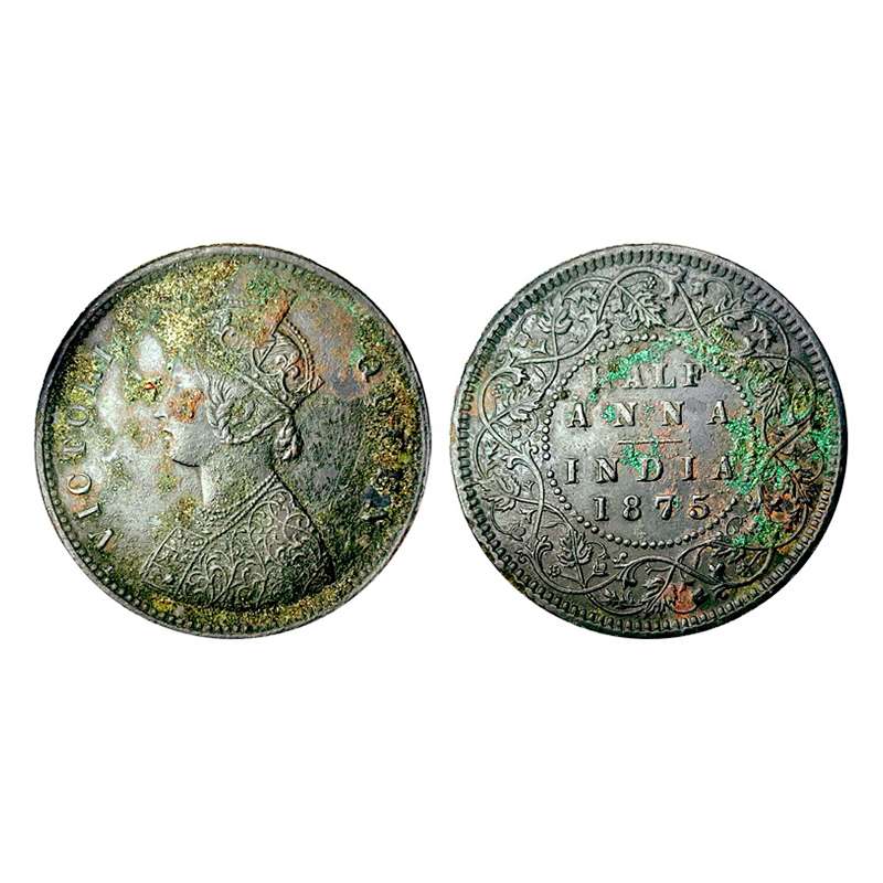 Victoria Queen, ½ Anna, Copper, 12.75 g, 1875. Uncleaned, Very Fine, Rare. ...