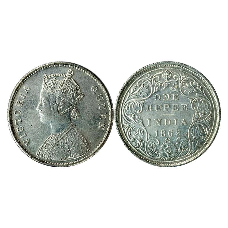 Silver, Victoria Queen, 1 Rupee Fantacy, 1862 with 4 dots below, Bombay Mint. Inverted axi