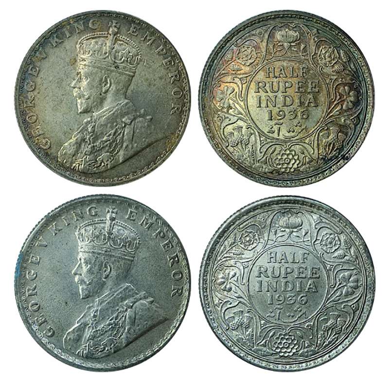 Silver, George V, ½ Rupee, 1936, Calcutta mint and Bombay mint. Extremely Fine. (2)...