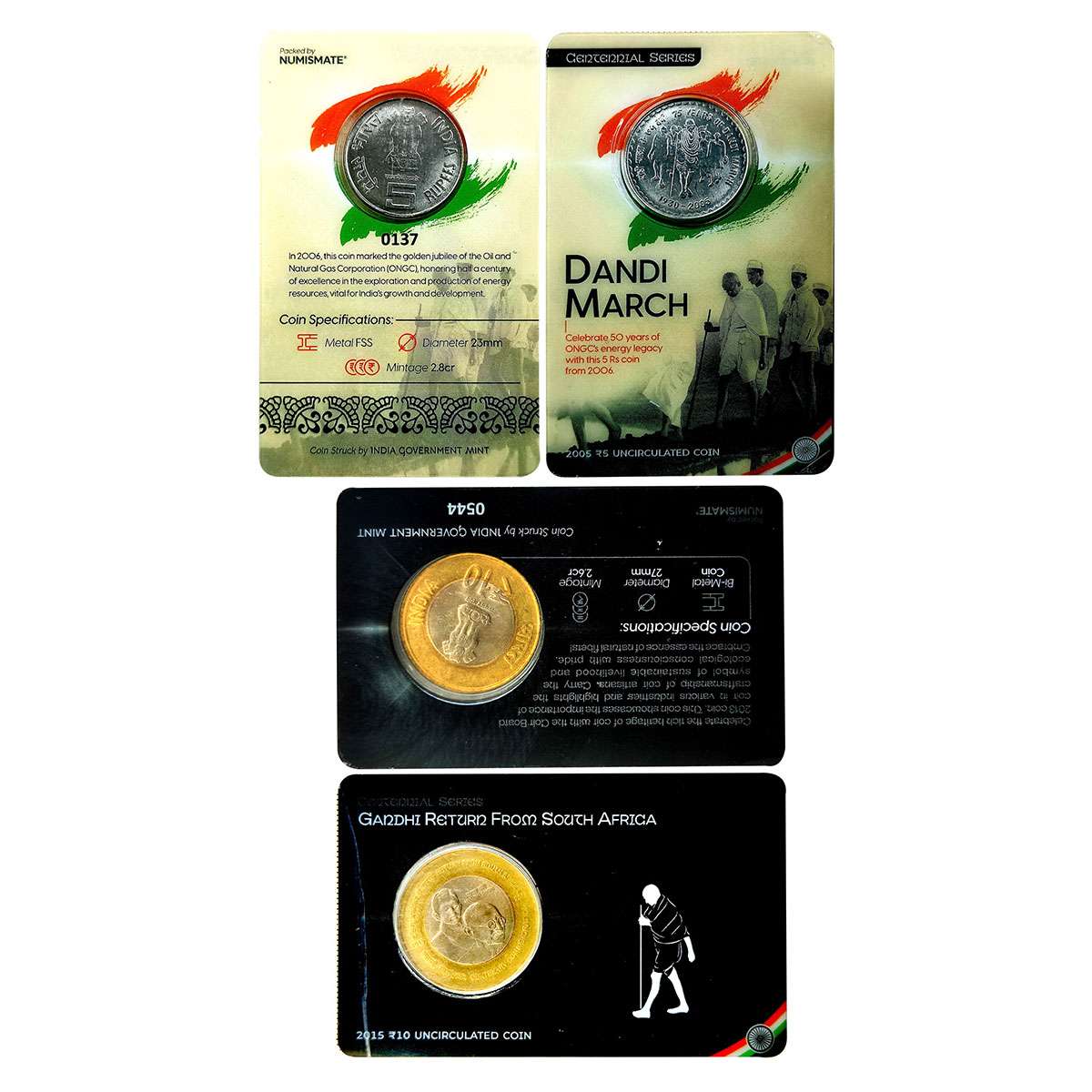Silver, Special Card Packing issue. Mahatma Gandhi 10 Rupees & 5 Rupees, UNC. Very rare. 2