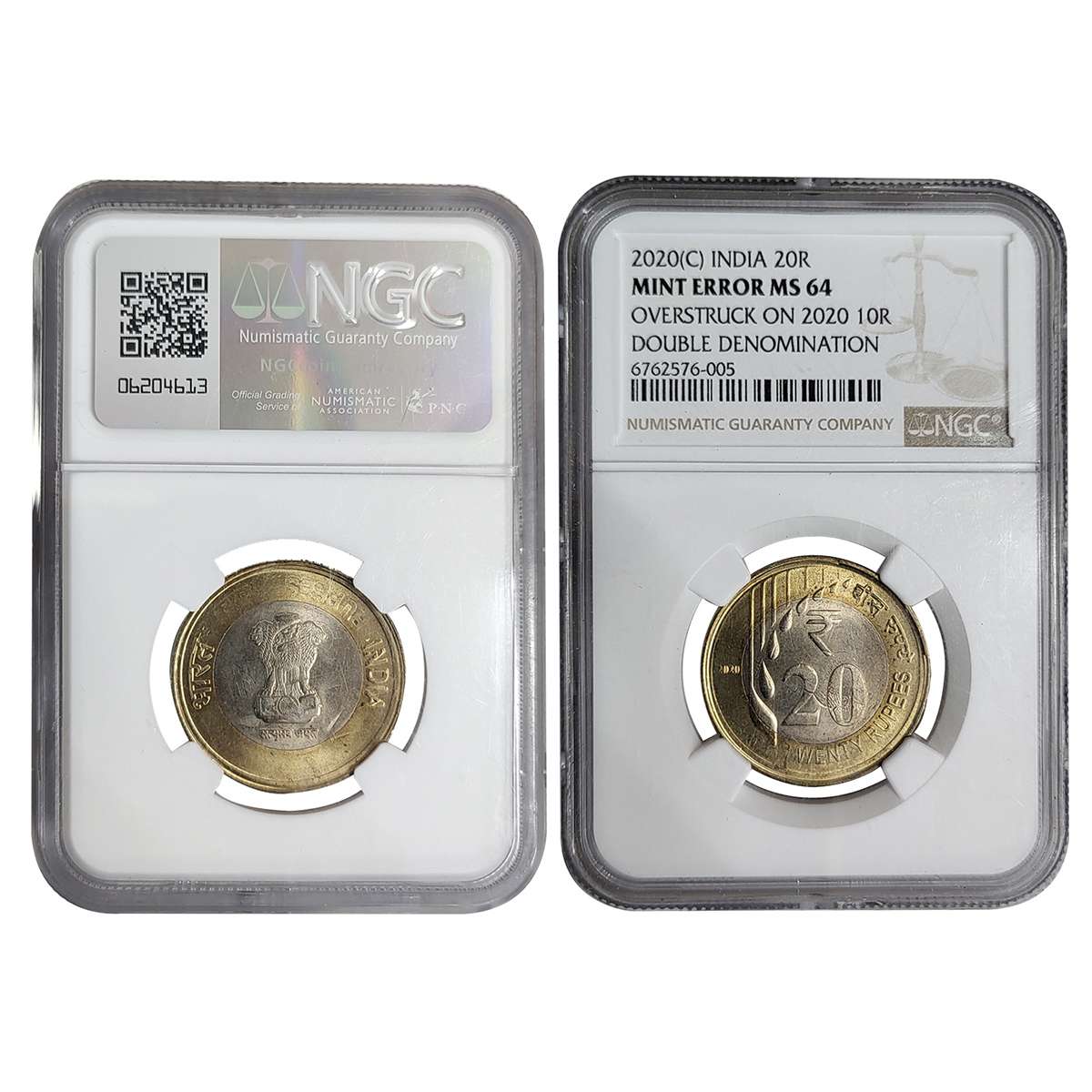 20 Rupees Error, Bi-metal, overstruck on 10 Rupee planchet with double denominations of 10