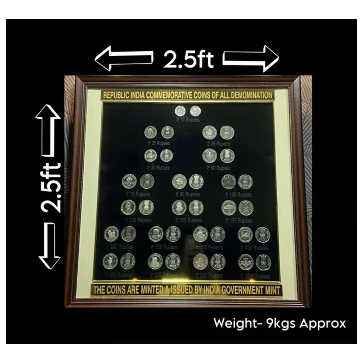 Silver, An exisite frame of all the high denominations minted from Rs. 10 to Rs. 1000 as U