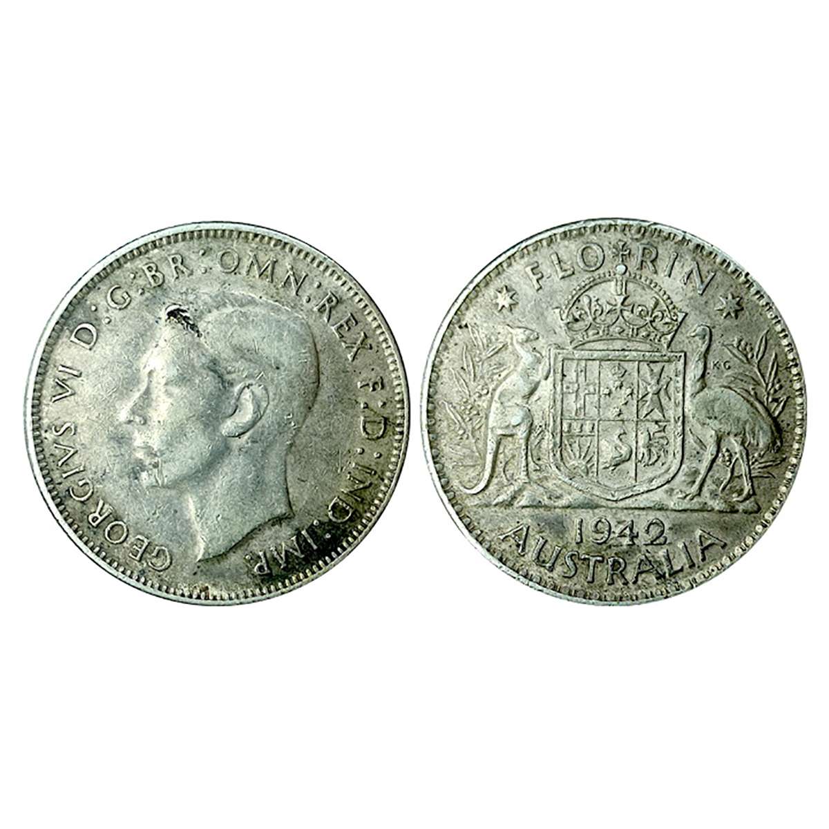 Australia, Florin, Silver, 1942, 11.4g. George VI. Extremely Fine. Rare....