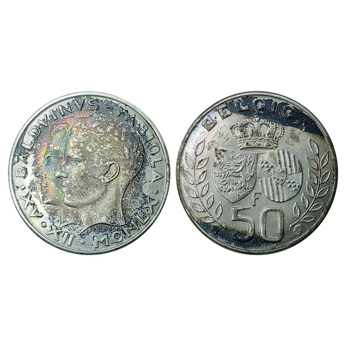 Belgium, Silver, 50 Francs, 1960. 12.5 g. King Baudouin's marriage to Doña Fabiola de Mora