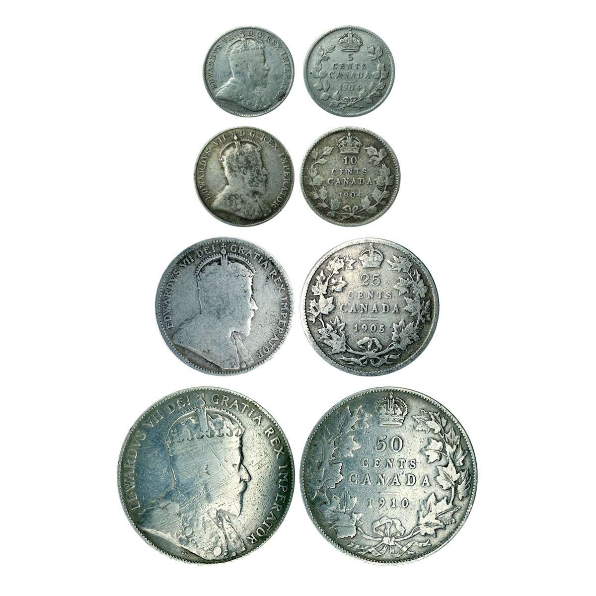 Silver, Canada, Edward VII, Set of 4: 50, 25, 10 & 5 Cents. Very Fine+ (4)...