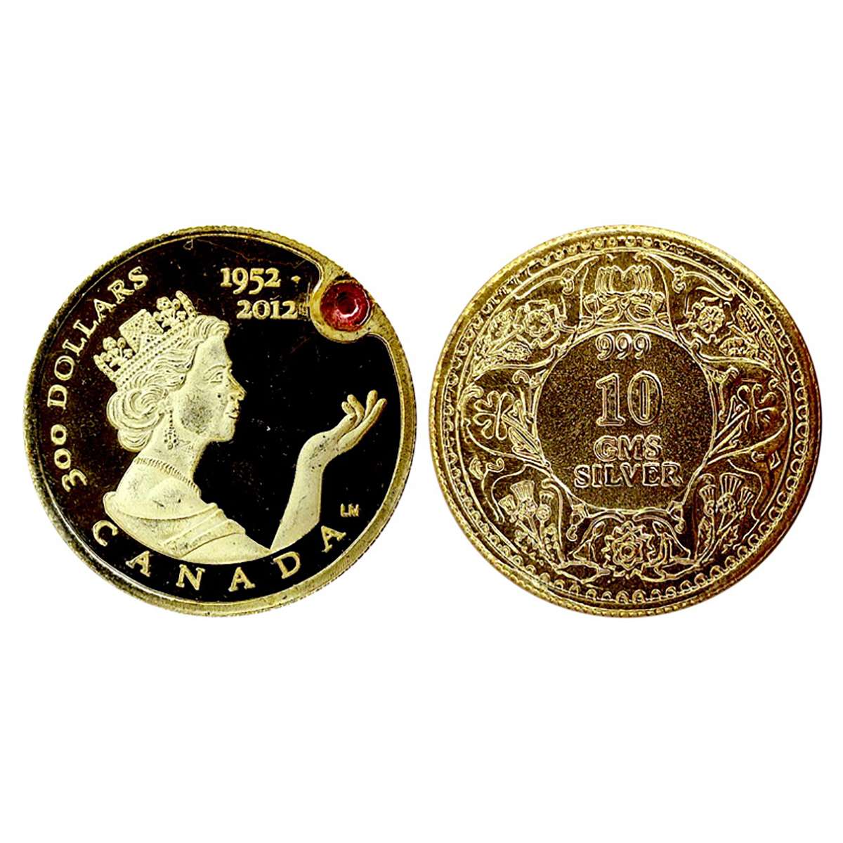 Canada, 300 Dollars, 2012, Gold gilt on silver and Ruby.Commemorating the Diamond jubilee 