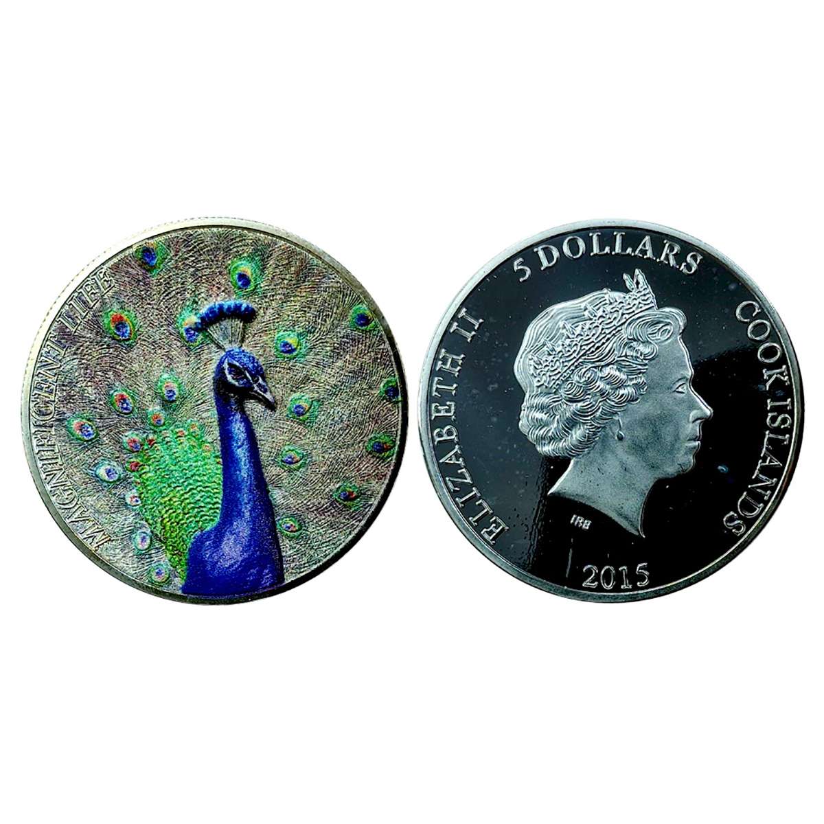 Cook Island, 5 Dollars, 2015, Silvered Copper and colour, 31 gm or one ounce. Obv. QEII an