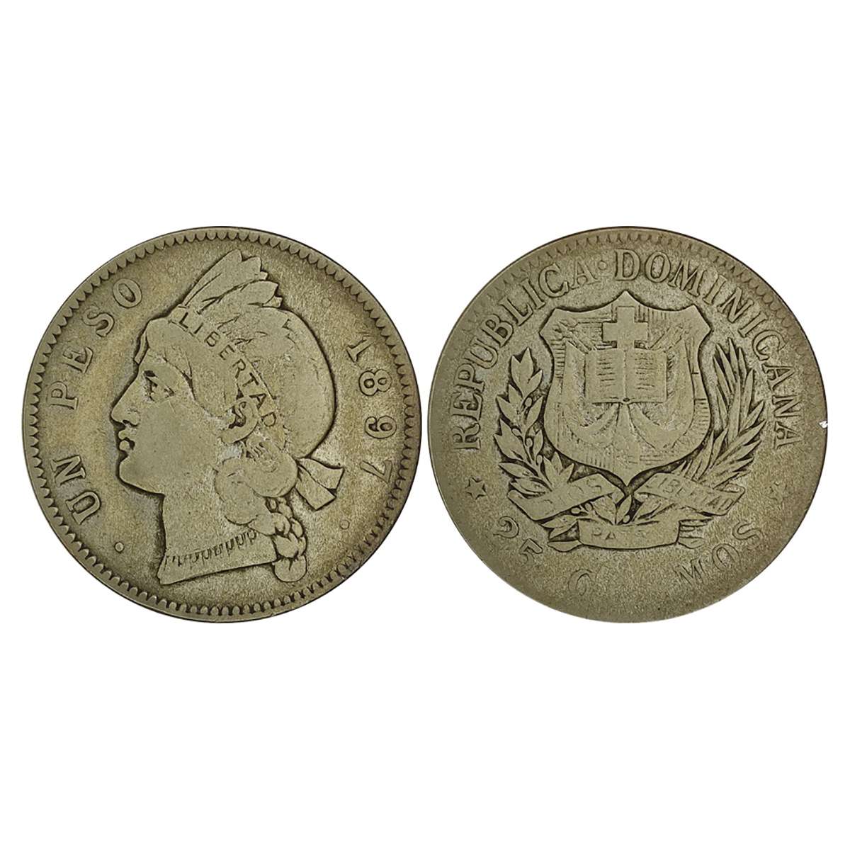 Silver, Dominican Republic- Peso- 1897- Ag -26.8 gms. Obv: Bust of Indian Chief and legend