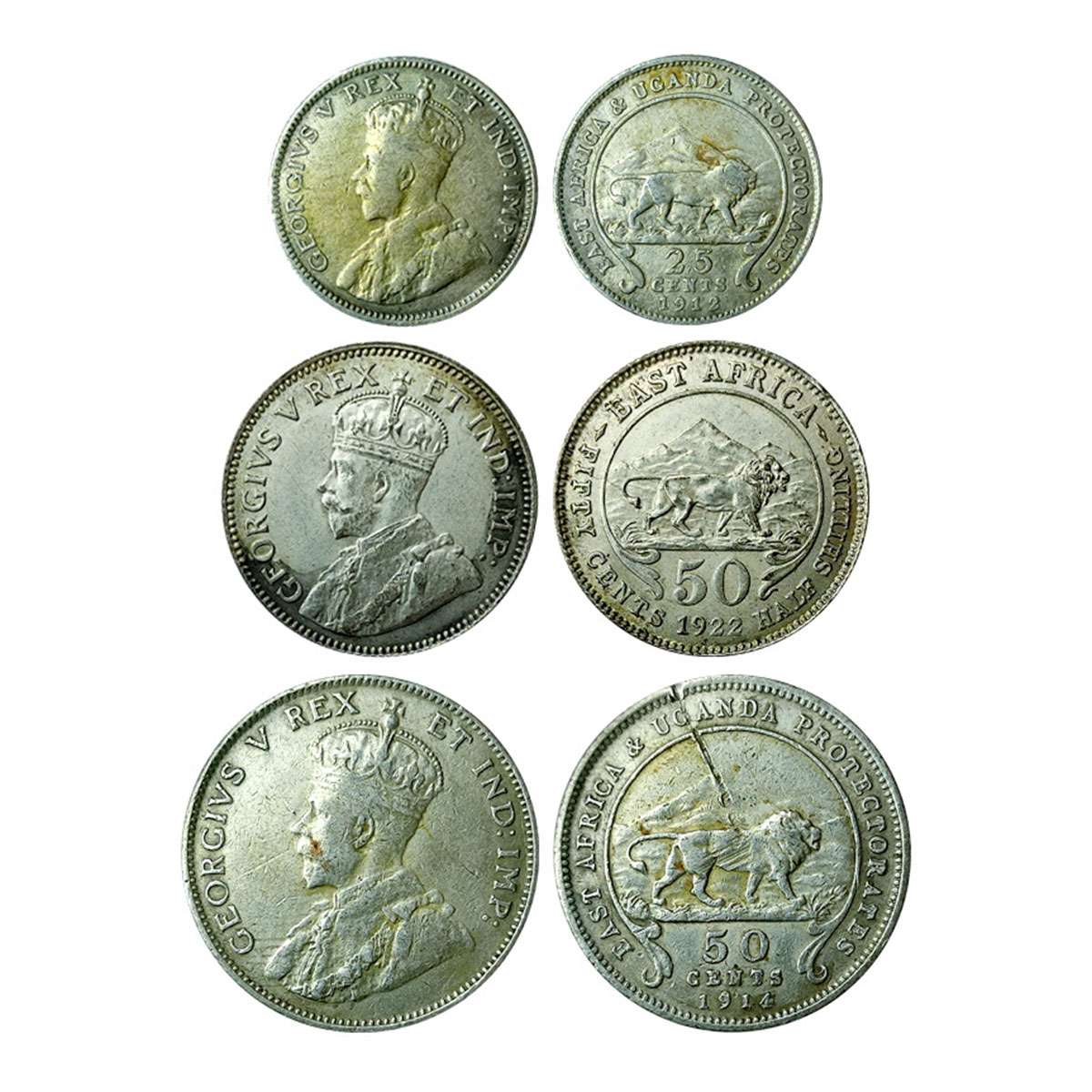 Silver, East Africa & Uganda, George V, 50 Cents, 1914 and 25 Cents, 1912; East Africa, 50