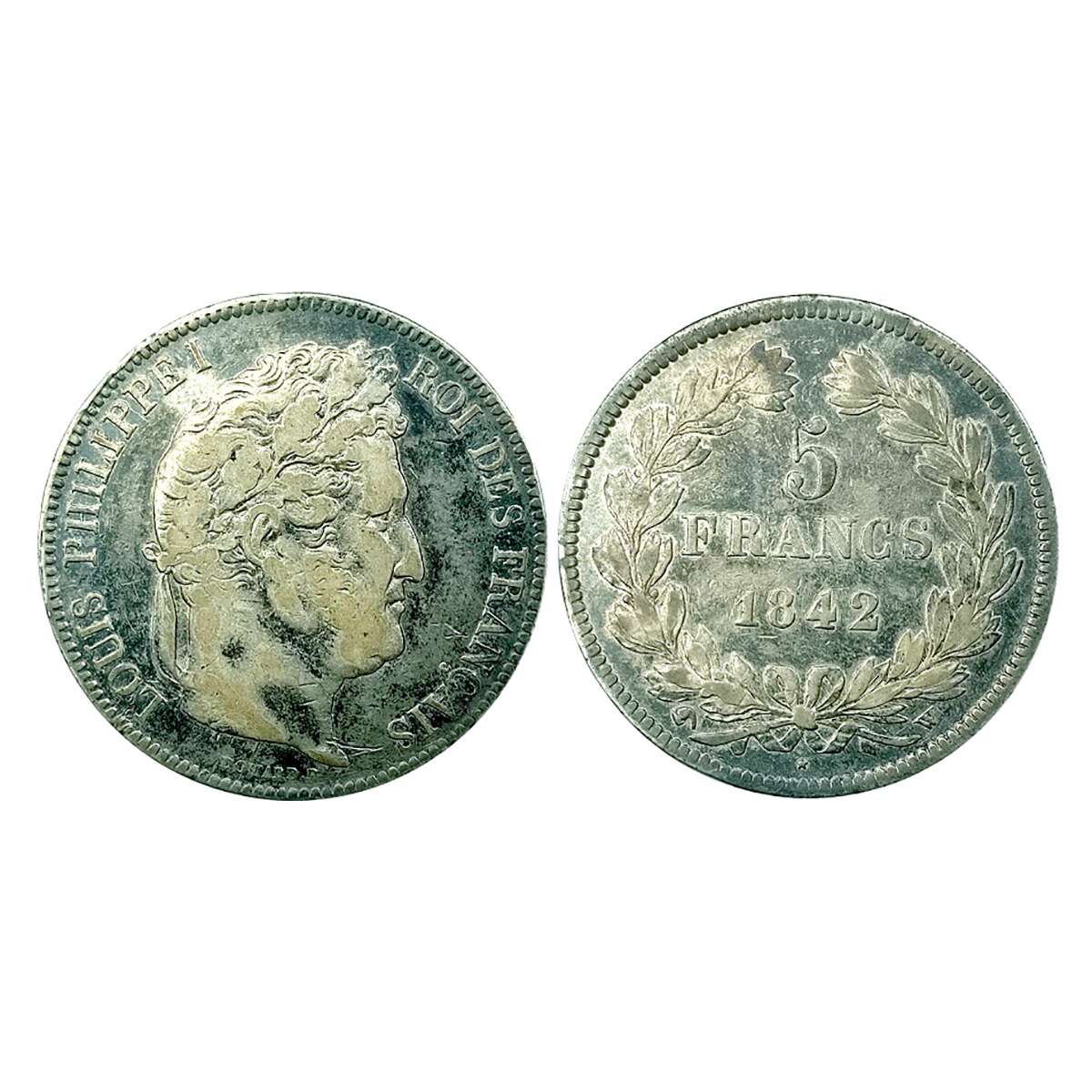 France, 5 Franc, 1842 W, Silver 25 gms, Luis Phillipe I. Obv: Wreath crowned Bust of Luis 
