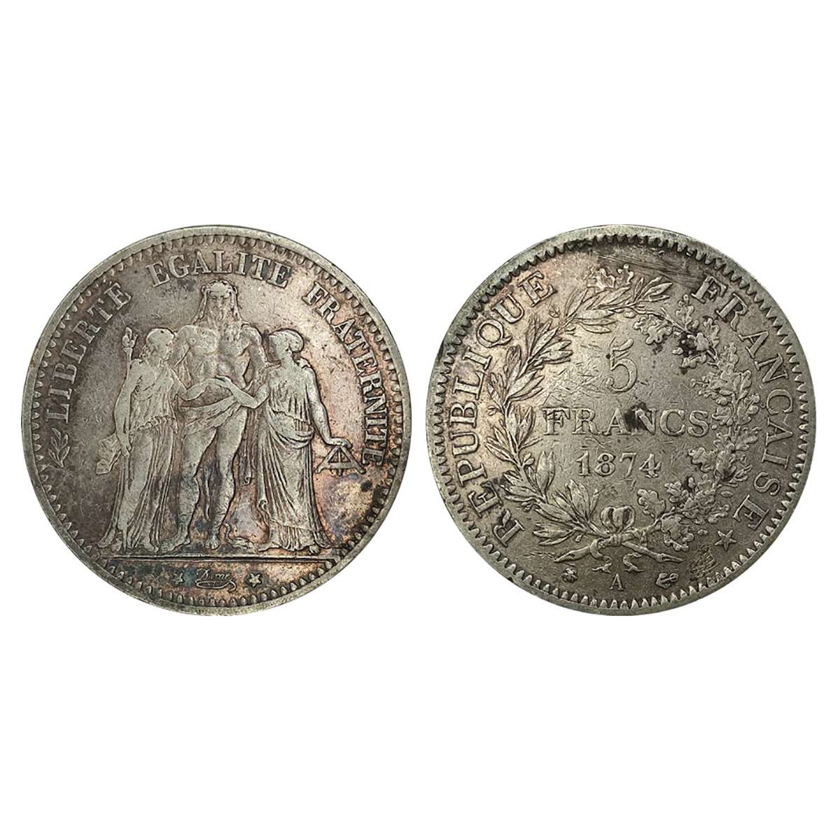 France, 5 Francs, 1874, Silver 25 gms. Obv: Hercules flanked by Victory with one breast ex