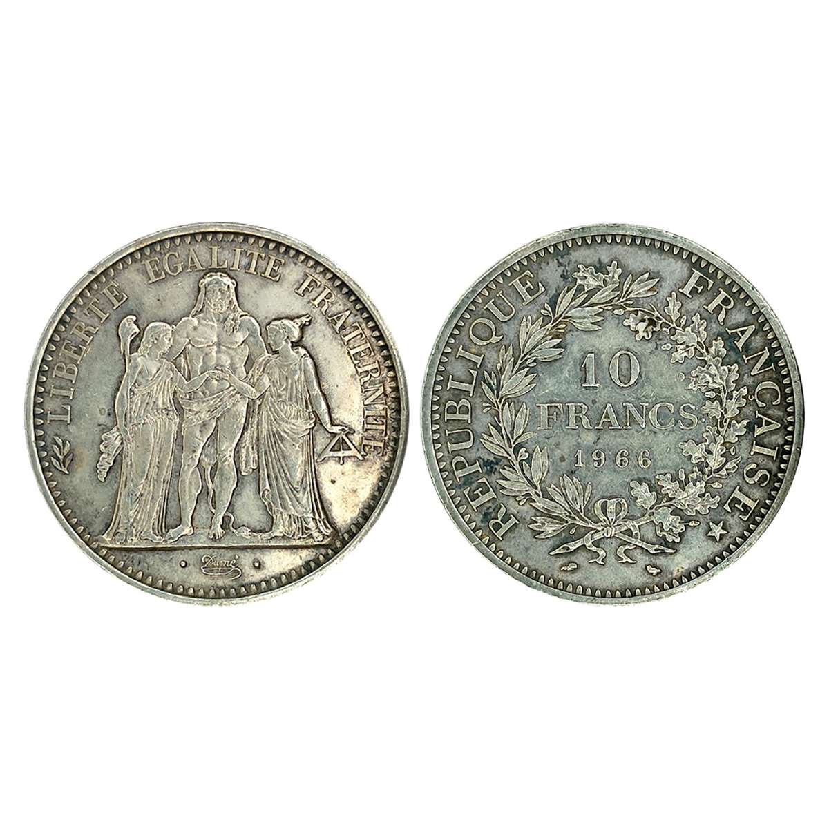 Francs-1966-Silver- 25 gms.&nbsp; Obv:&nbsp; Hercules flanked by Victory with one breast e