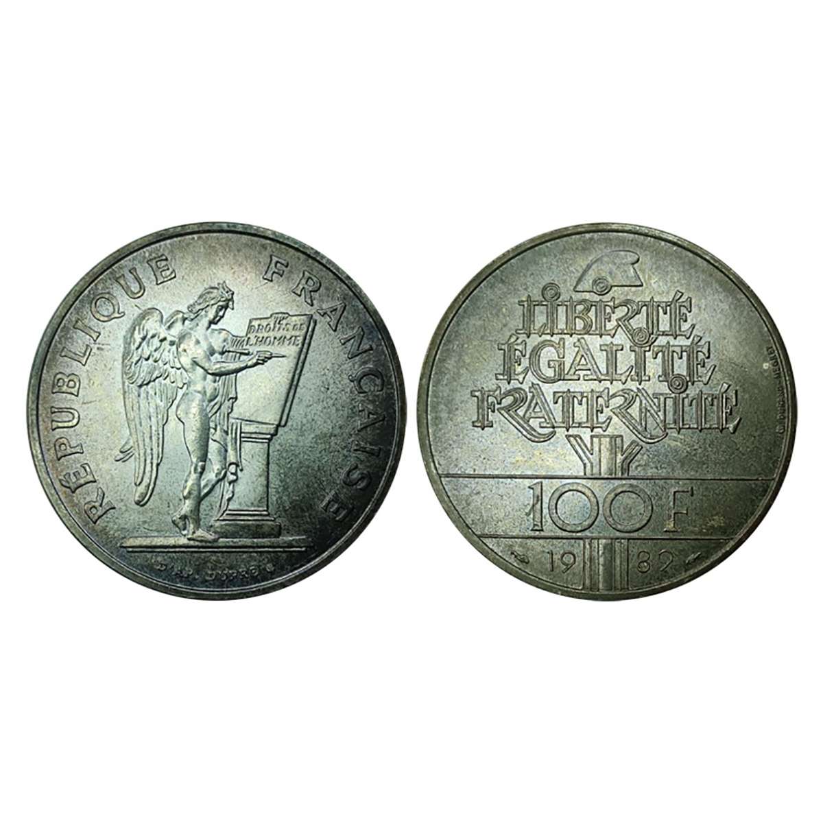 France, 100 Francs, Silver,17 g. 1989, Brilliant UNC. Rare....