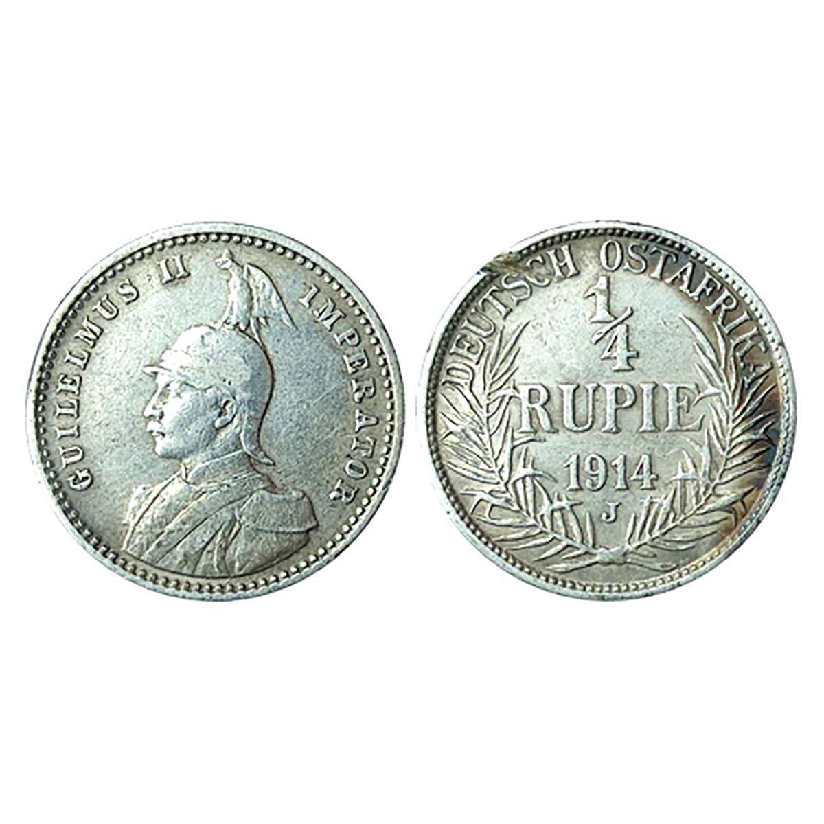 German East Africa, Silver, ¼ Rupee, 1914, J Mint Mark. Very Fine+...