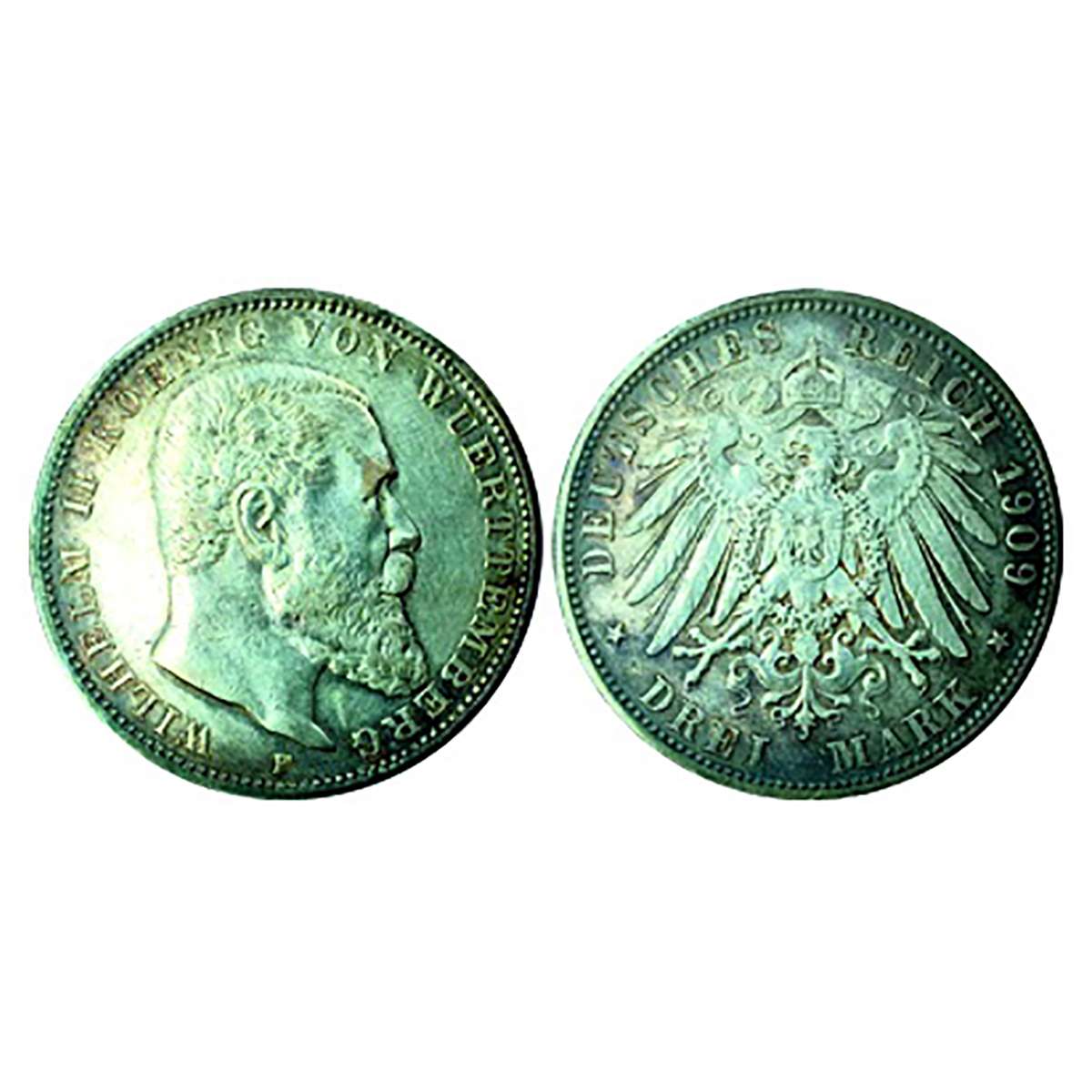 German States-Wurtemburg- 3 Mark- 1909 P. Silver 17 gms. P mint mark. UNC. ...