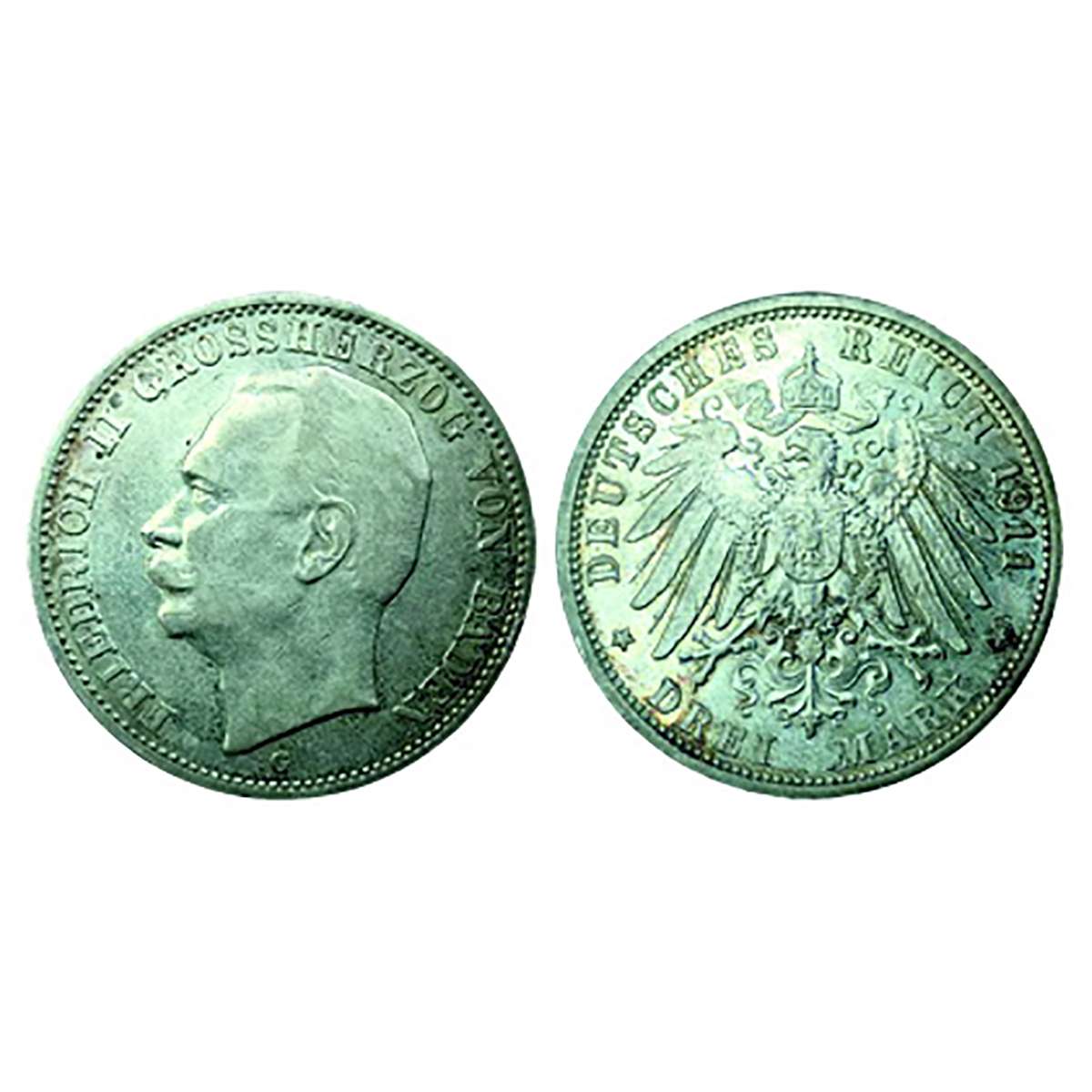 German States-Baden- 3 Mark- 1911 G, Silver 17 gms. G mint mark. UNC....