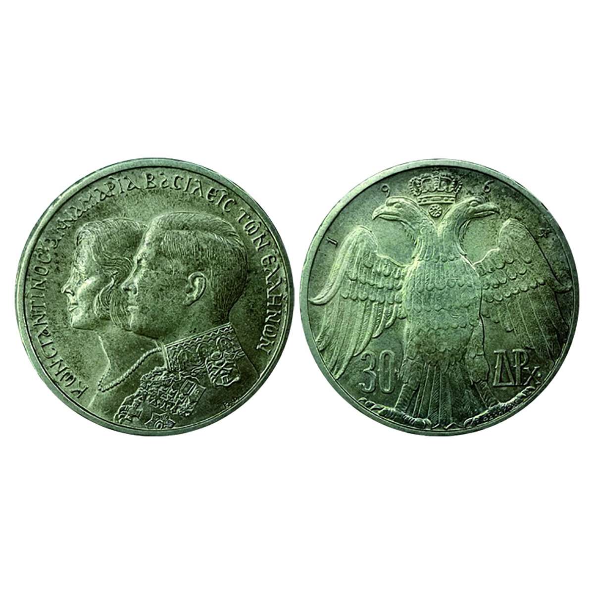 Greece, 30 Drachma, Silver, 12 gms. 1964. Marriage commemorative issue. Obv: Conjoined bus
