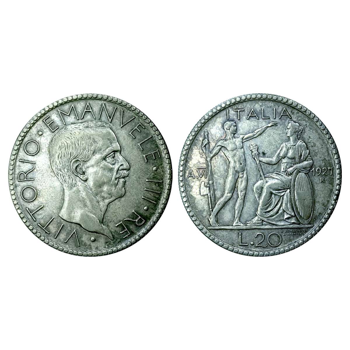 Italy, 20 Lire, 1928, Silver, 15 gms. Anniversary Commmorative. Obv: Emanuelle III and leg
