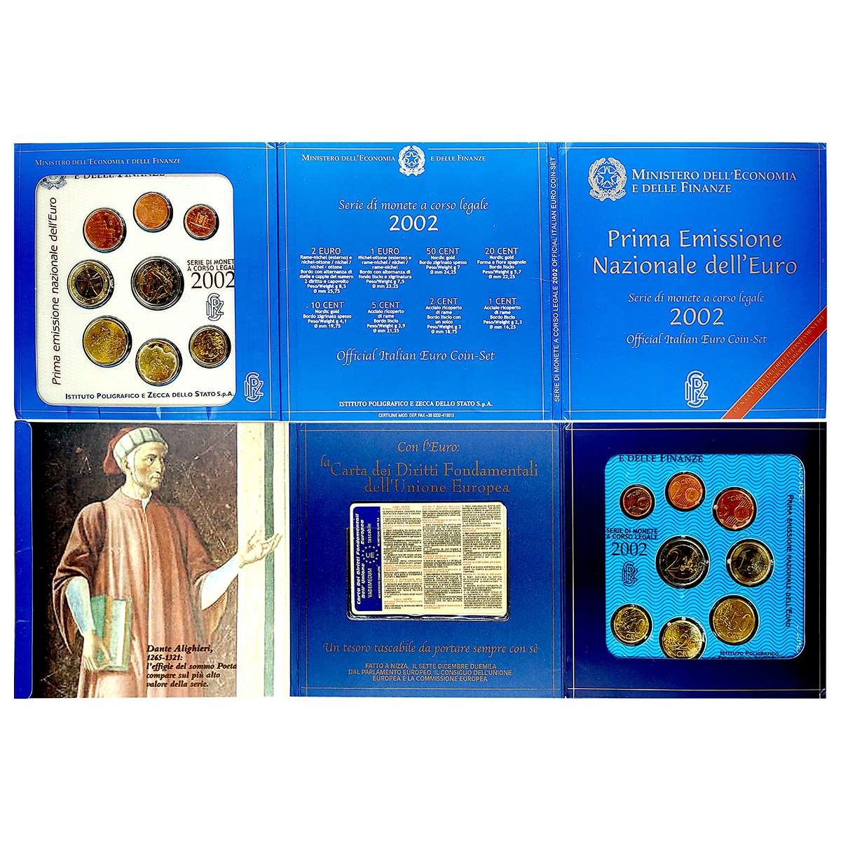 Italy, UNC set of 8 Coins of 1, 2, 5, 10, 20 and 50 Cents; 1 & 2 Euro, bi-metal, commemora