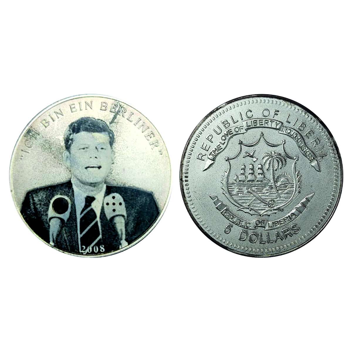 Liberia, Silver, 5 Dollars, Talking Coin in the voice of JF Kennedy, 2008. About Extremely