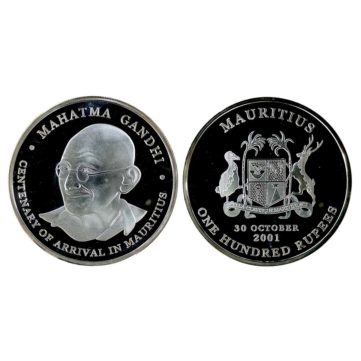 Mauritius, OMS issue, Silver plated on Copper, 100 Rupees, 36.42 g, 2001, Mahatma Gandhi, 