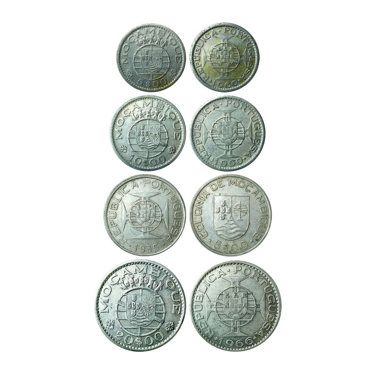 Mozambique, Silver (4), $ 20, 1966; $ 5, 1935; $10, 1960; and $5, 1960. Very Fine+ (4)...